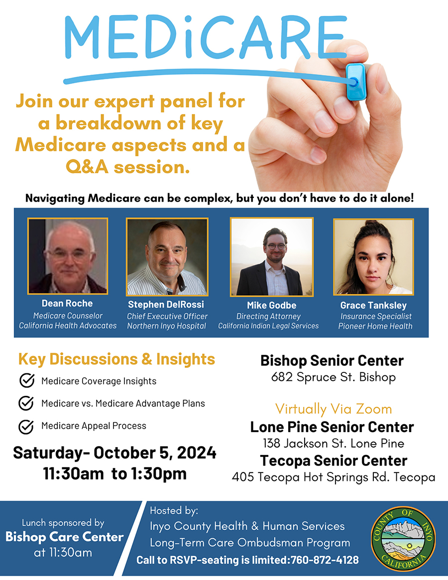 advertising flyer for October 5 Medicare Education event sponsor by Inyo County Health and Human Services Long-Term Care Ombudsman Program 